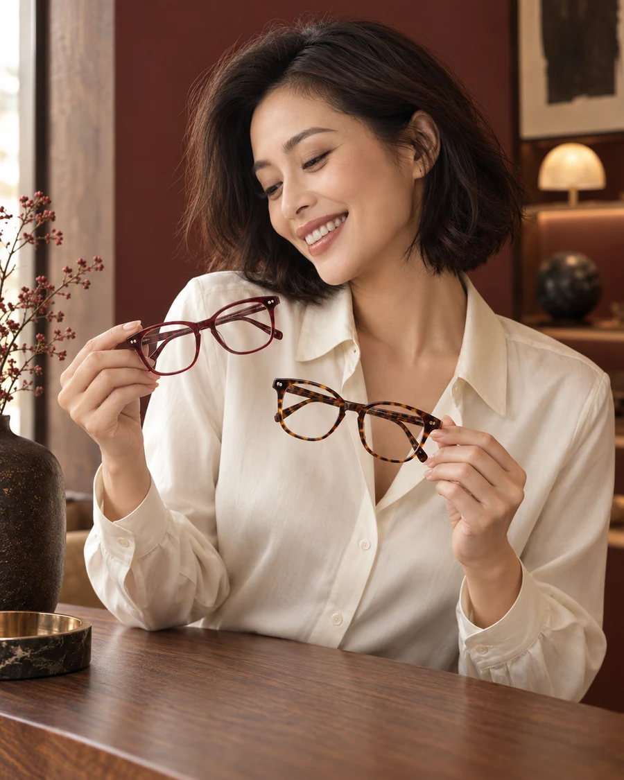Smiling lifestyle model holding two different pairs of eyeglasses